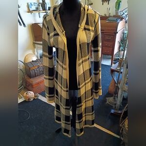 elan Black & Cream Hooded Cardigan Coat Duster